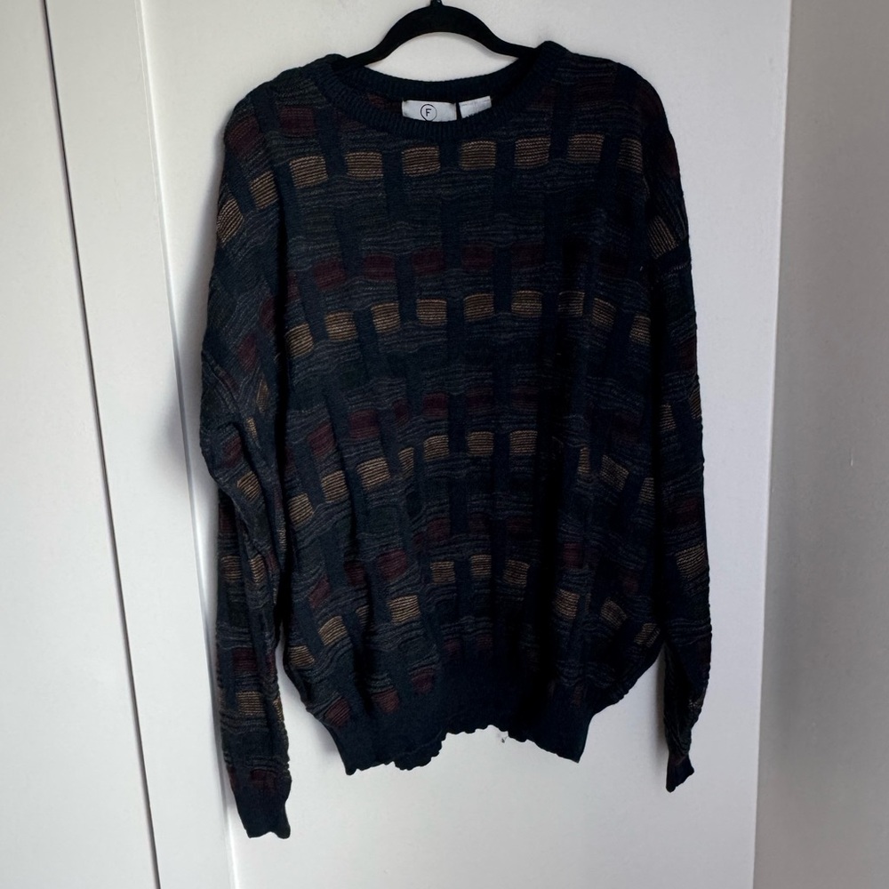 Vintage Farah Black Multi Color Checkered Crewneck Knit Sweater size xxLarge